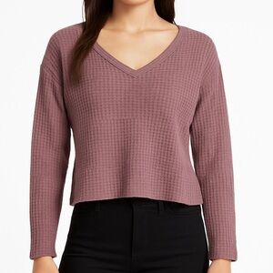 🌺 Sweet Lilac Waffle Knit Mauve V-Neck Pullover Sweater Small Boxy Cropped